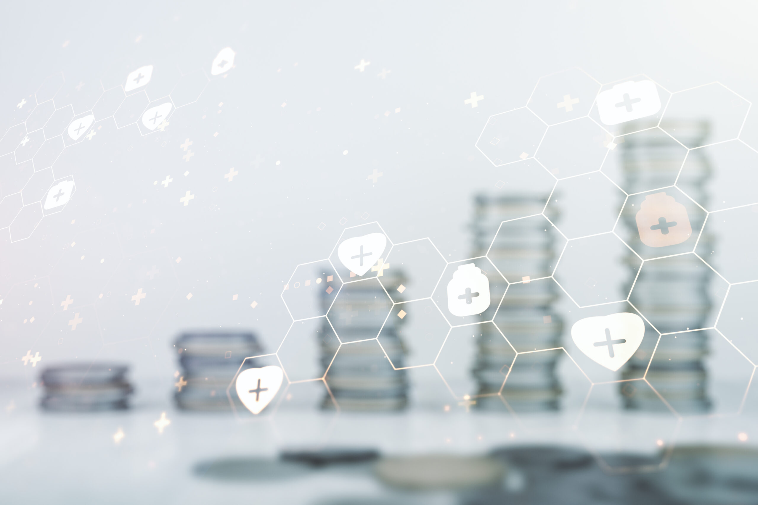 Abstract virtual medical illustration on stacks of coins background. Medicine and healthcare concept