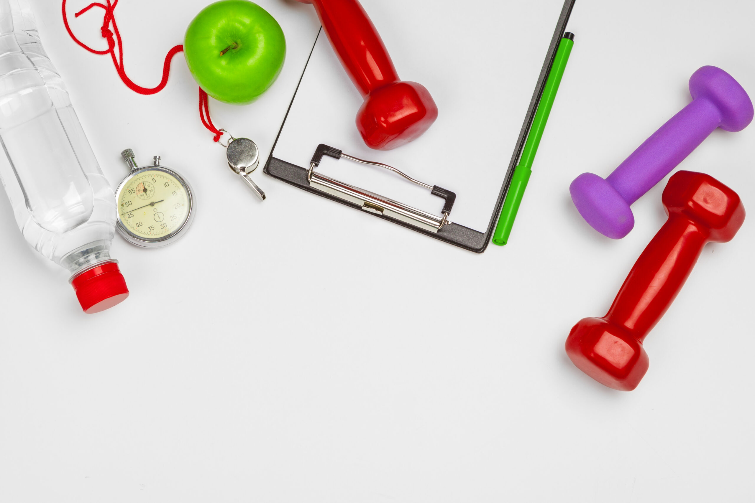 Mockup clipboard with Gym equipment dumbbell on white background